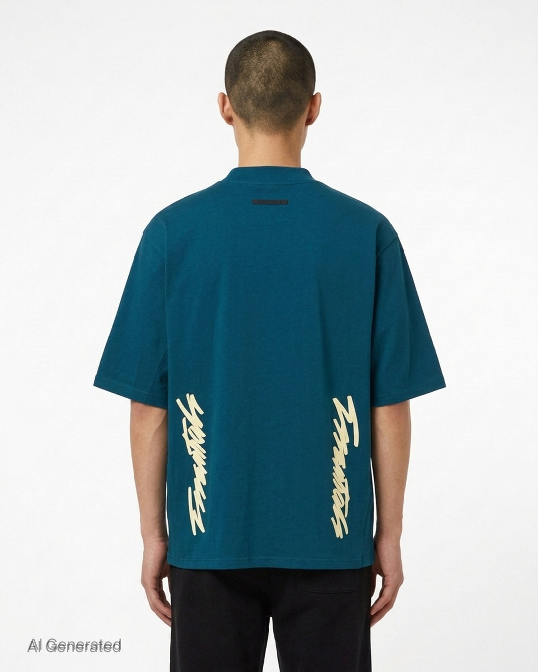 Fear of God ESSENTIALS Panelled Modern Tee in deep teal with a yellow logo graphic at the chest, shown from the front - back