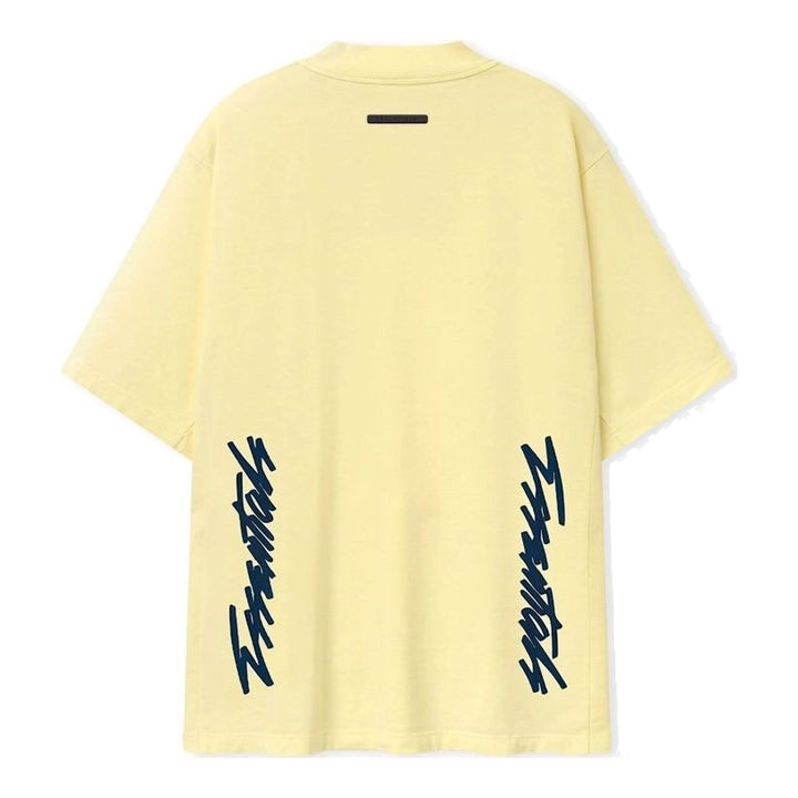Fear of God ESSENTIALS Panelled Modern Tee in deep teal with a yellow logo graphic at the chest, shown from the front - packshot