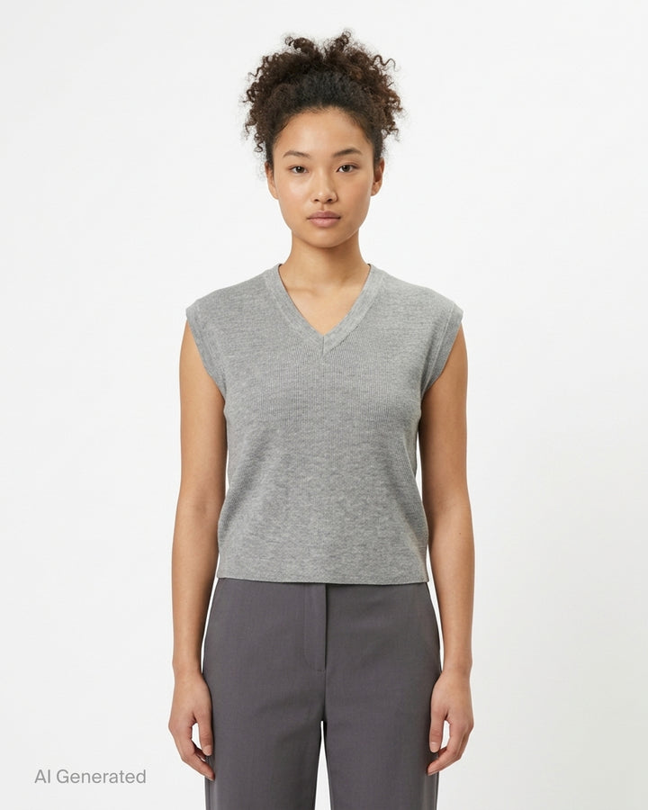 Fear of God Essentials women's heather grey fine rib-knit sleeveless cropped top with a V-neckline and structured shoulders, displayed flat on a white background - front