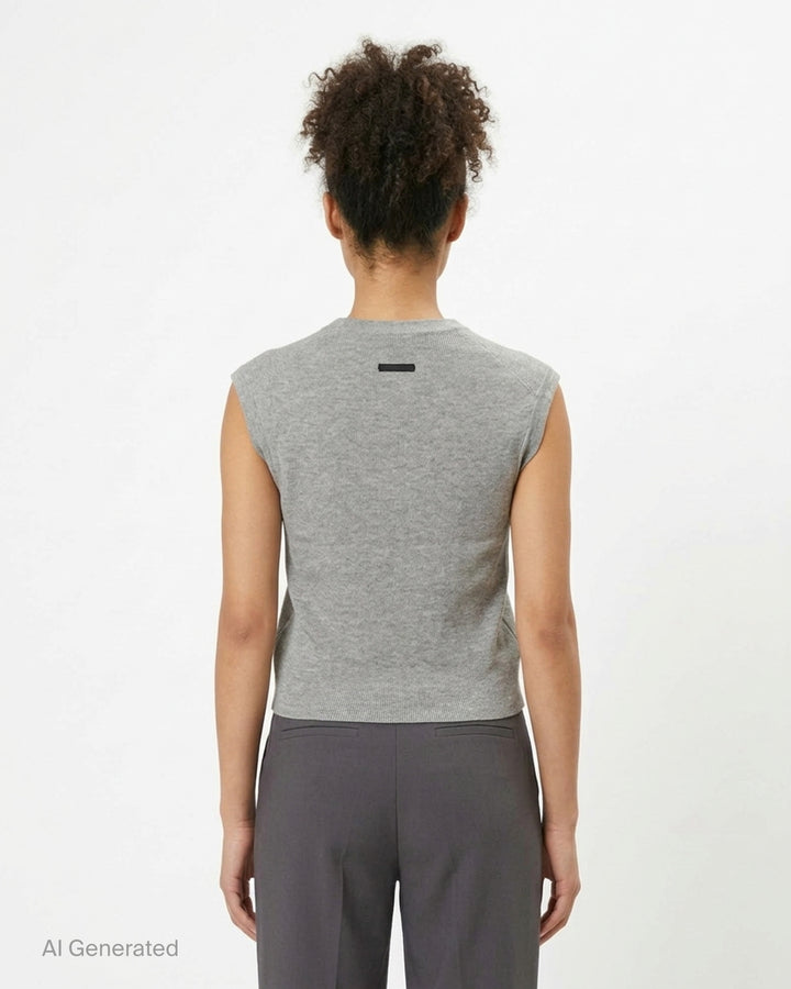 Fear of God Essentials women's heather grey fine rib-knit sleeveless cropped top with a V-neckline and structured shoulders, displayed flat on a white background - back