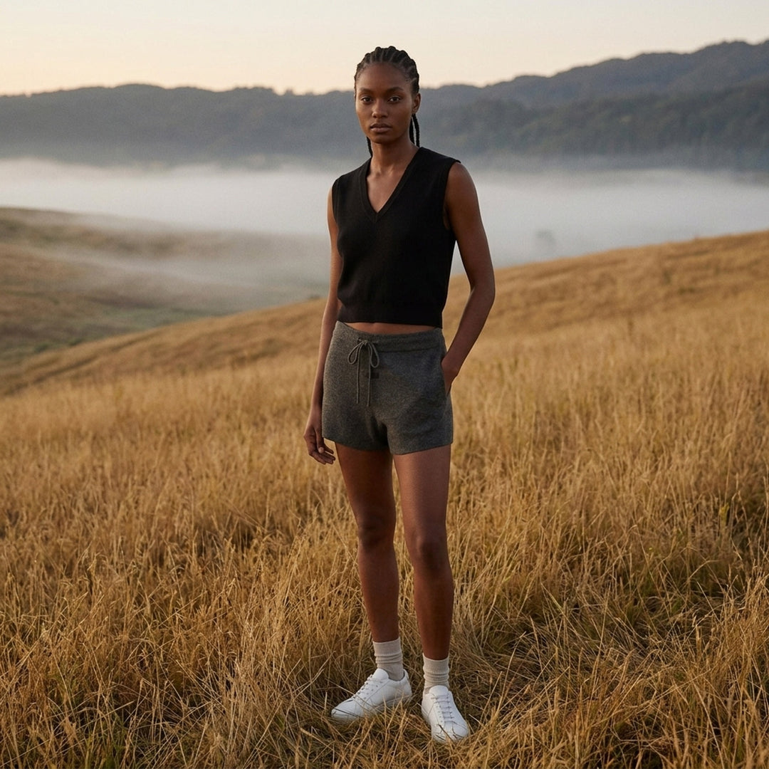 Fear of God Essentials women's heather grey fine rib-knit sleeveless cropped top with a V-neckline and structured shoulders, displayed flat on a white background - lifestyle