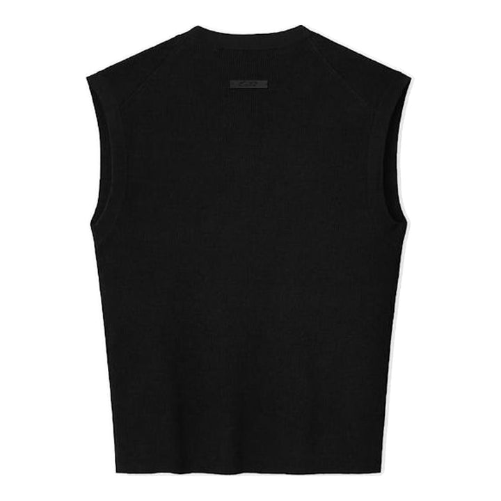 Fear of God Essentials women's heather grey fine rib-knit sleeveless cropped top with a V-neckline and structured shoulders, displayed flat on a white background - packshot