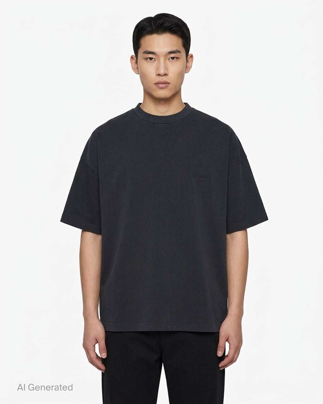 Fear of God Essentials Signature 90's Short Sleeve Tee in washed charcoal with oversized boxy fit and tonal embroidered script logo on the chest - front