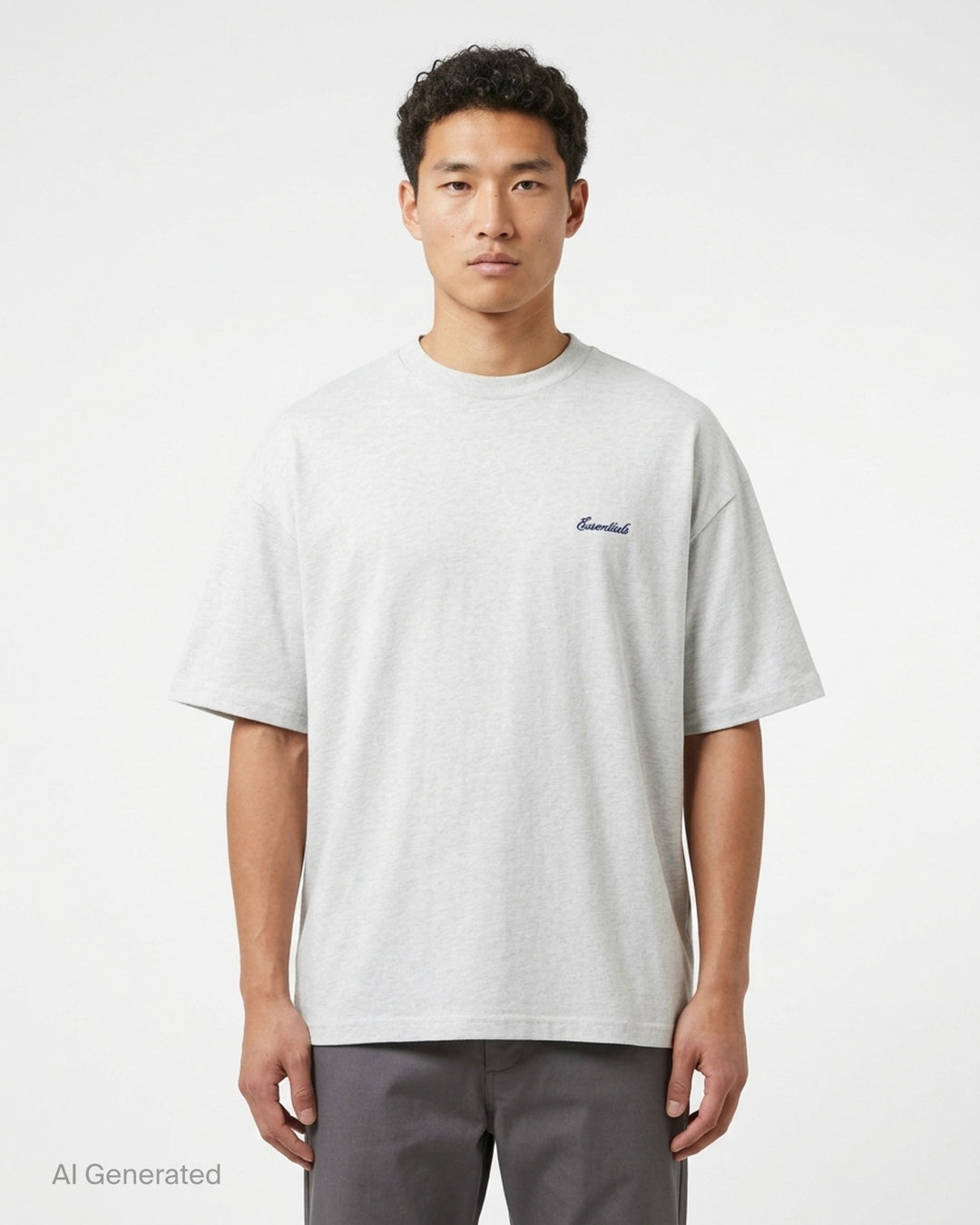 Fear of God Essentials Signature Short Sleeve Tee in washed grey, featuring an oversized boxy silhouette, ribbed crewneck, and tonal script logo at the chest - front