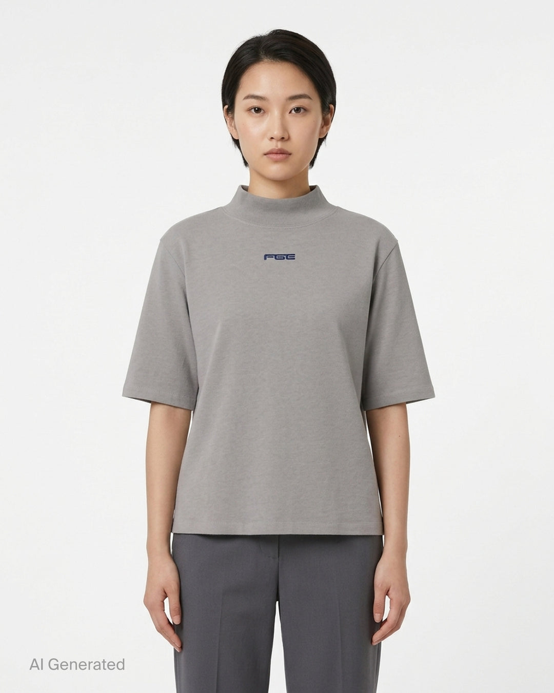 Fear of God ESSENTIALS women's slim mockneck tee in black with ribbed high neck, short sleeves and small white logo at the centre chest - front
