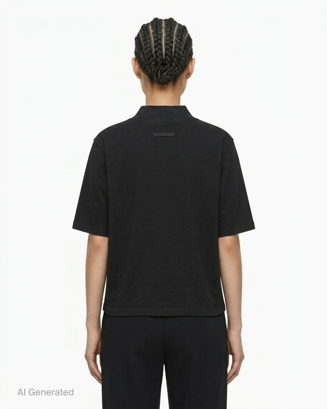 Fear of God ESSENTIALS women's slim mockneck tee in black with ribbed high neck, short sleeves and small white logo at the centre chest - back