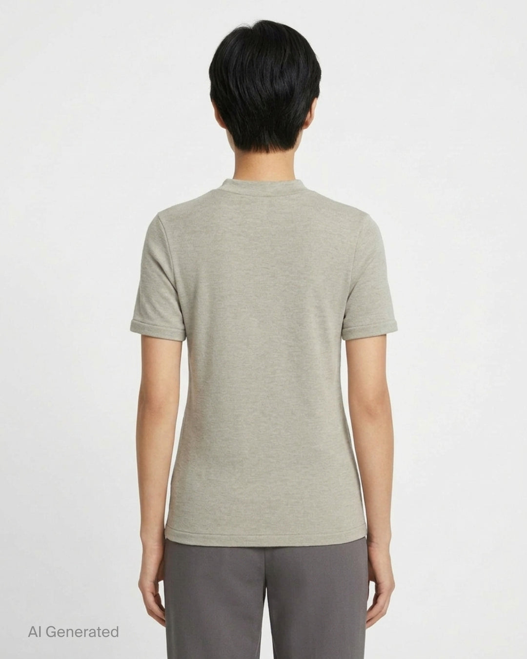 Fear of God Essentials women's tight tee in heathered taupe-grey with mock neckline and short sleeves, shown flat against a white background - back