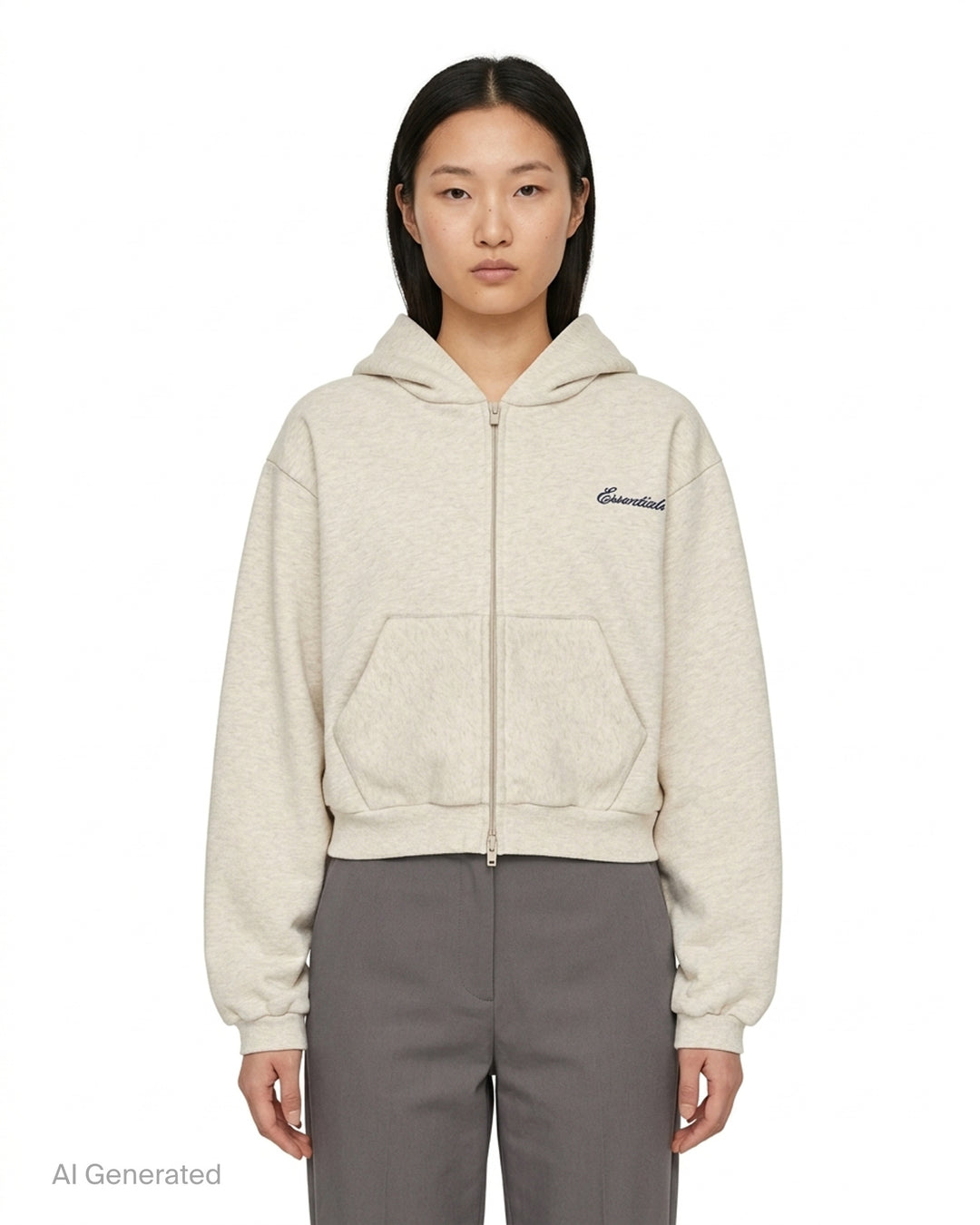 Fear of God Essentials women's modern cropped zip hoodie in washed black with embroidered script Essentials logo on the chest and front hand pockets - front