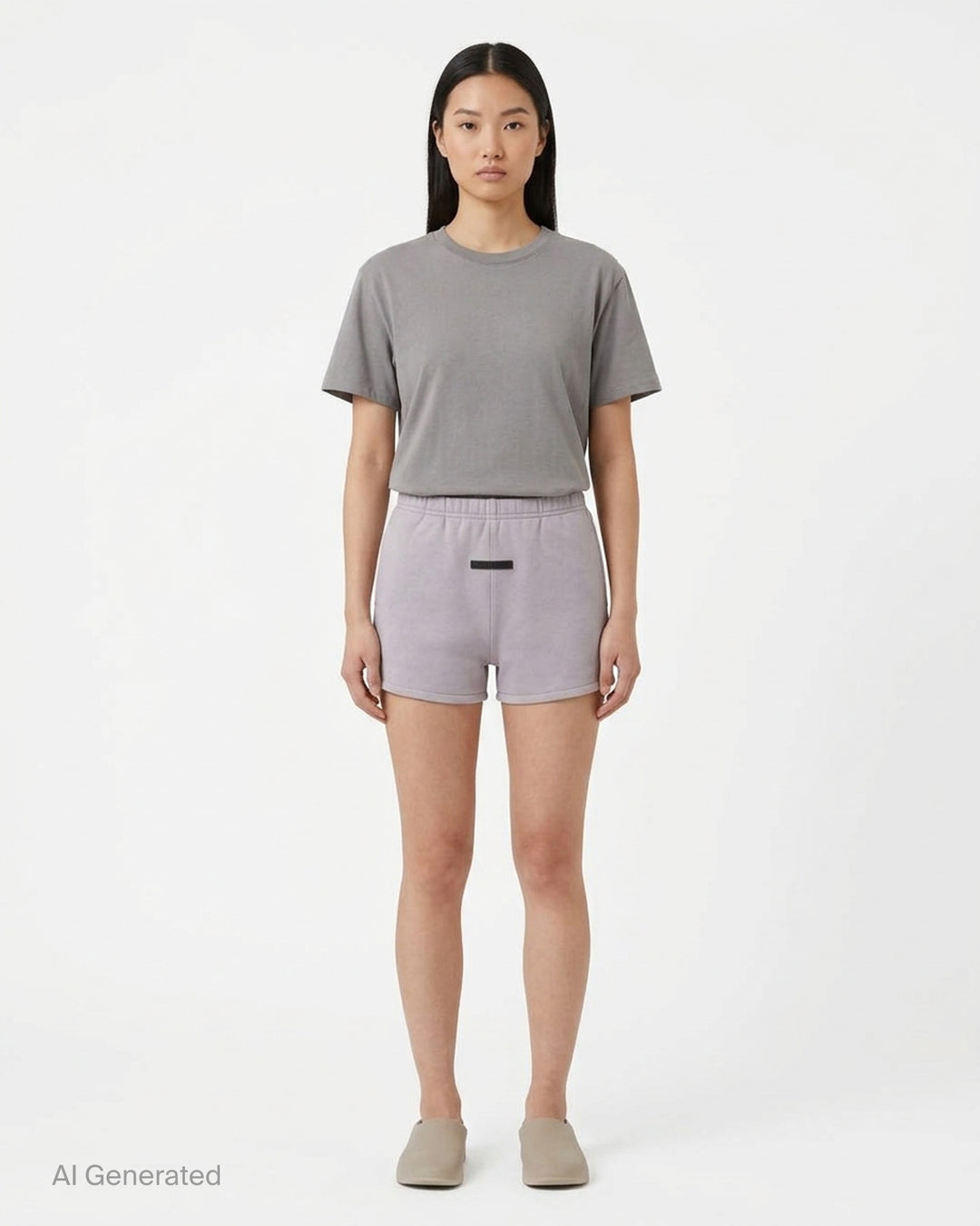 Fear of God ESSENTIALS women's black jersey shorts with elasticated waistband and tonal rubberised ESSENTIALS logo plaque - front