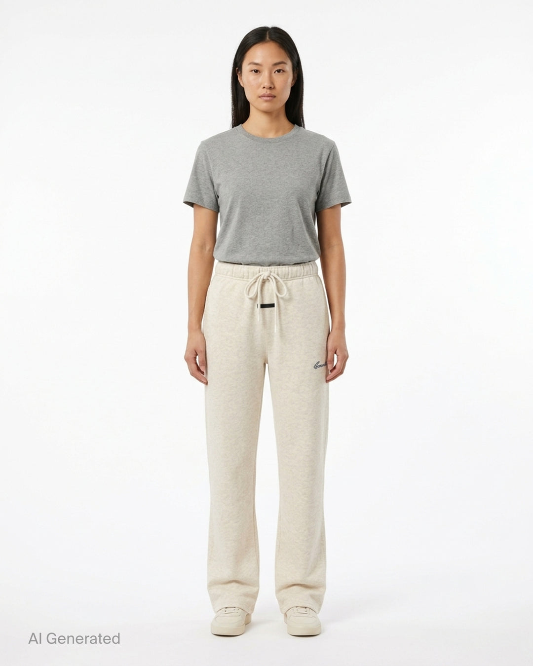 Fear of God ESSENTIALS women's slim sweatpants in heathered oat with drawcord waist, black logo tab and navy embroidered script logo - front