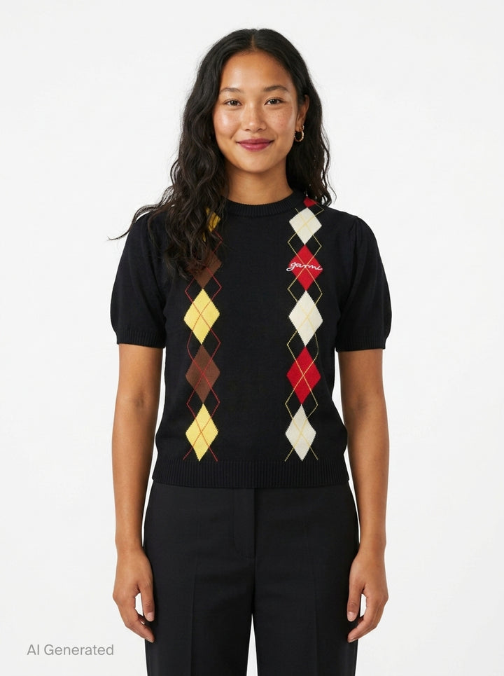 Argyle Knit T-Shirt | Ganni | Club21 - front