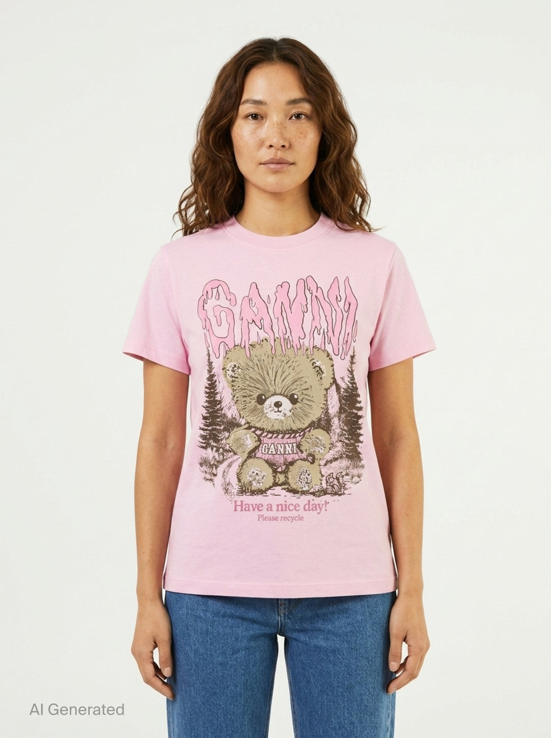 Ganni pink cotton jersey baby fit tee with dripping Ganni logo graphic, illustrated teddy bear in a forest scene, and 'Have a nice day! Please recycle' slogan print on the front - front