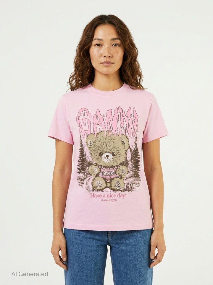 Ganni pink cotton jersey baby fit tee with dripping Ganni logo graphic, illustrated teddy bear in a forest scene, and 'Have a nice day! Please recycle' slogan print on the front - front