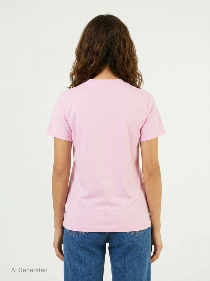 Ganni pink cotton jersey baby fit tee with dripping Ganni logo graphic, illustrated teddy bear in a forest scene, and 'Have a nice day! Please recycle' slogan print on the front - back