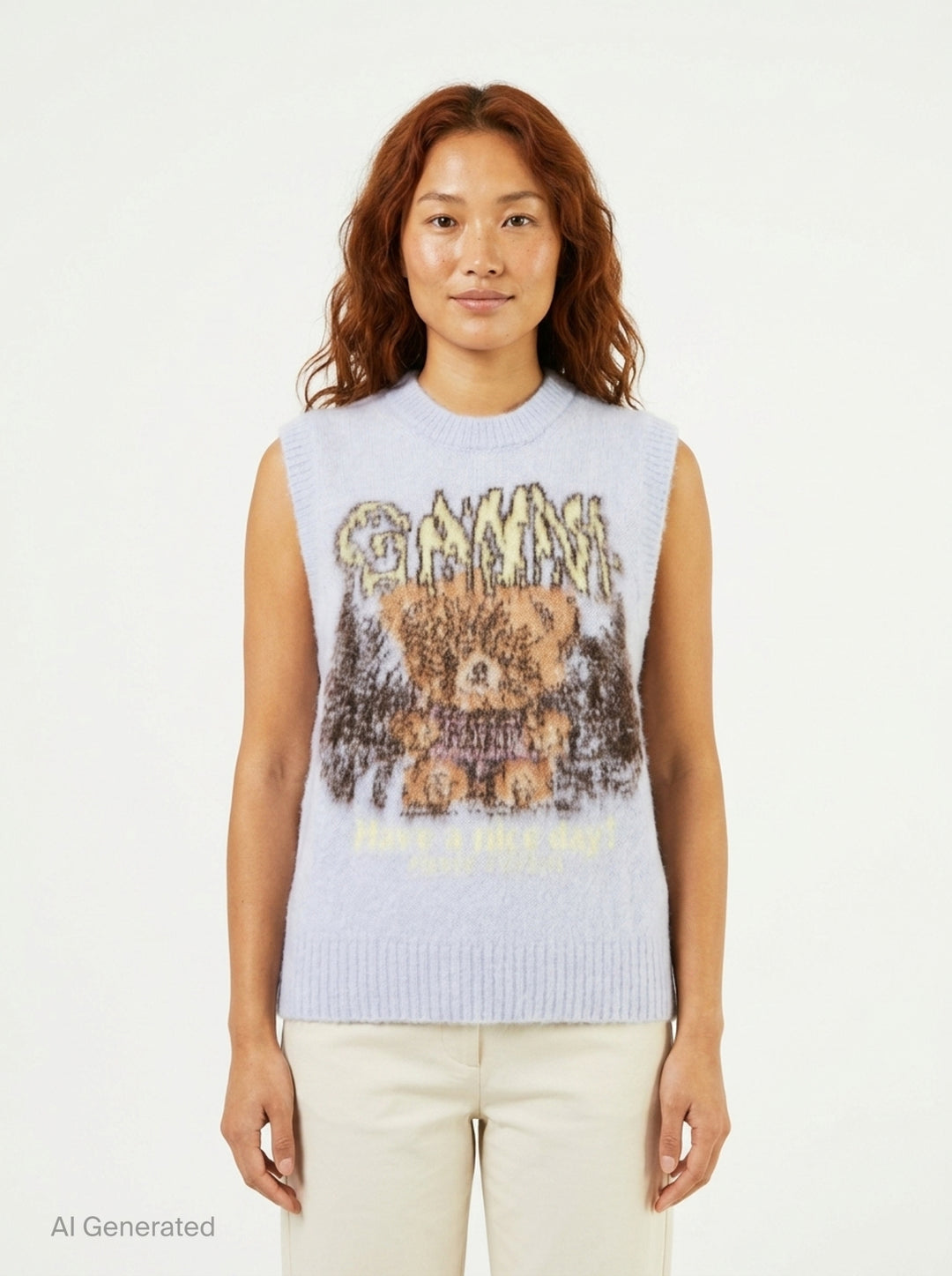 Ganni Brushed Alpaca Teddy Vest in pale lavender with intarsia teddy bear and rock-style logo graphic on the front - front