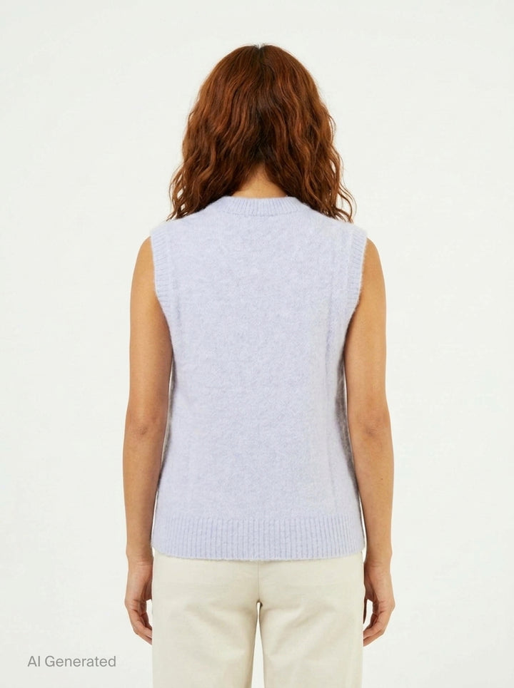 Ganni Brushed Alpaca Teddy Vest in pale lavender with intarsia teddy bear and rock-style logo graphic on the front - back