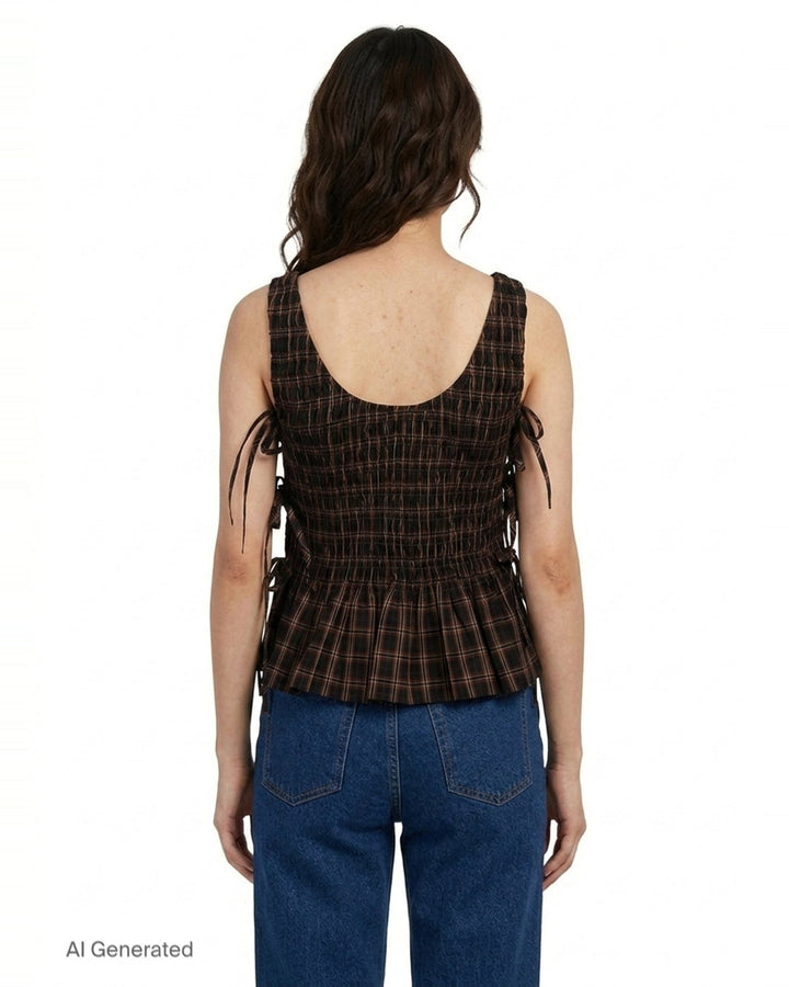 Check Smocked Tie Blouse | Ganni | Club21 - back