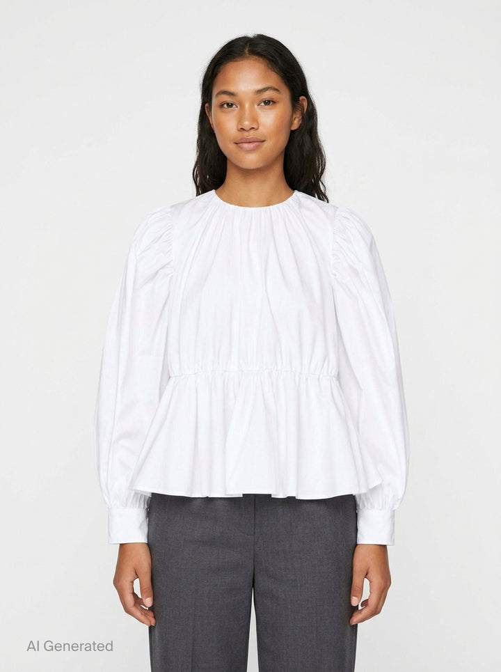 Ganni Compact Poplin Gathered Peplum Top in black, featuring a ruched neckline, voluminous long sleeves with elasticated cuffs, and a flared peplum hem with elasticated waistband - front
