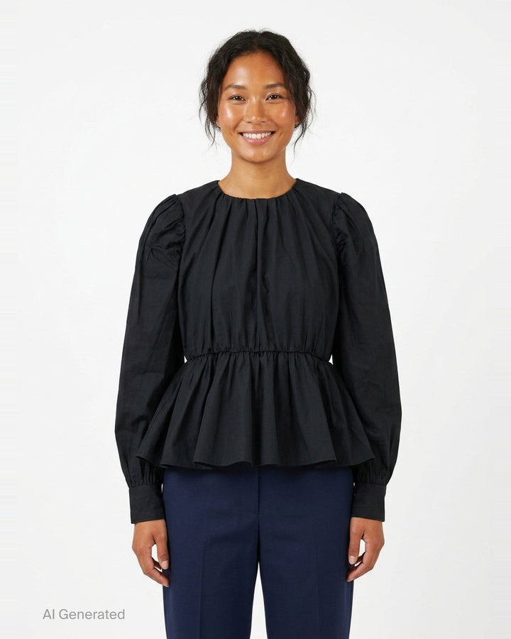 Ganni Compact Poplin Gathered Peplum Top in black, featuring a ruched neckline, voluminous long sleeves with elasticated cuffs, and a flared peplum hem with elasticated waistband - front