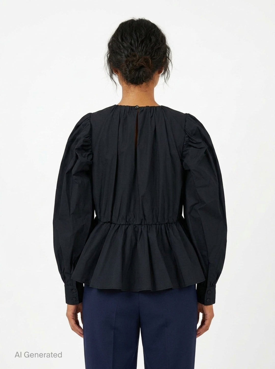 Ganni Compact Poplin Gathered Peplum Top in black, featuring a ruched neckline, voluminous long sleeves with elasticated cuffs, and a flared peplum hem with elasticated waistband - back