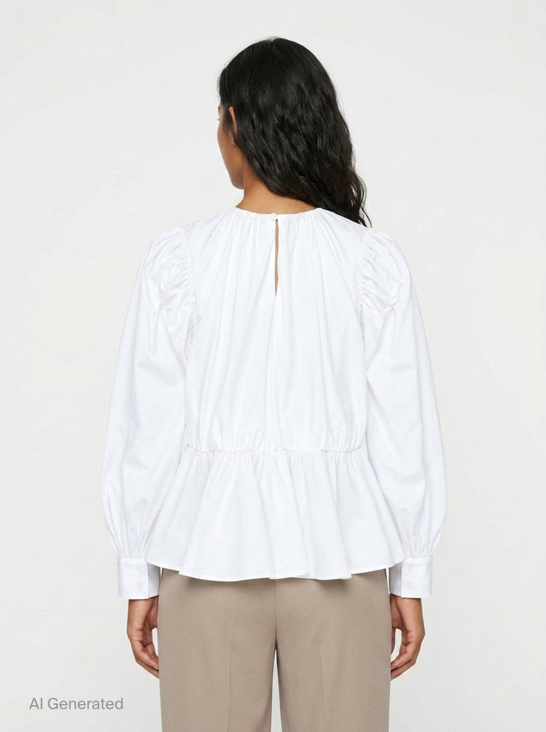 Ganni Compact Poplin Gathered Peplum Top in black, featuring a ruched neckline, voluminous long sleeves with elasticated cuffs, and a flared peplum hem with elasticated waistband - back