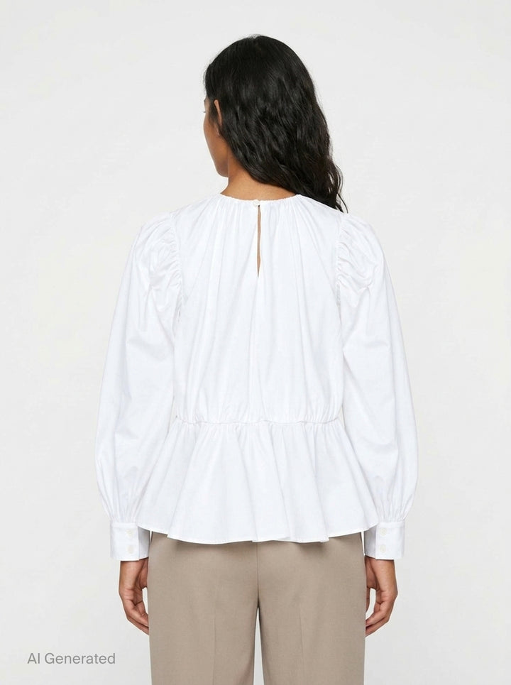 Ganni Compact Poplin Gathered Peplum Top in black, featuring a ruched neckline, voluminous long sleeves with elasticated cuffs, and a flared peplum hem with elasticated waistband - back