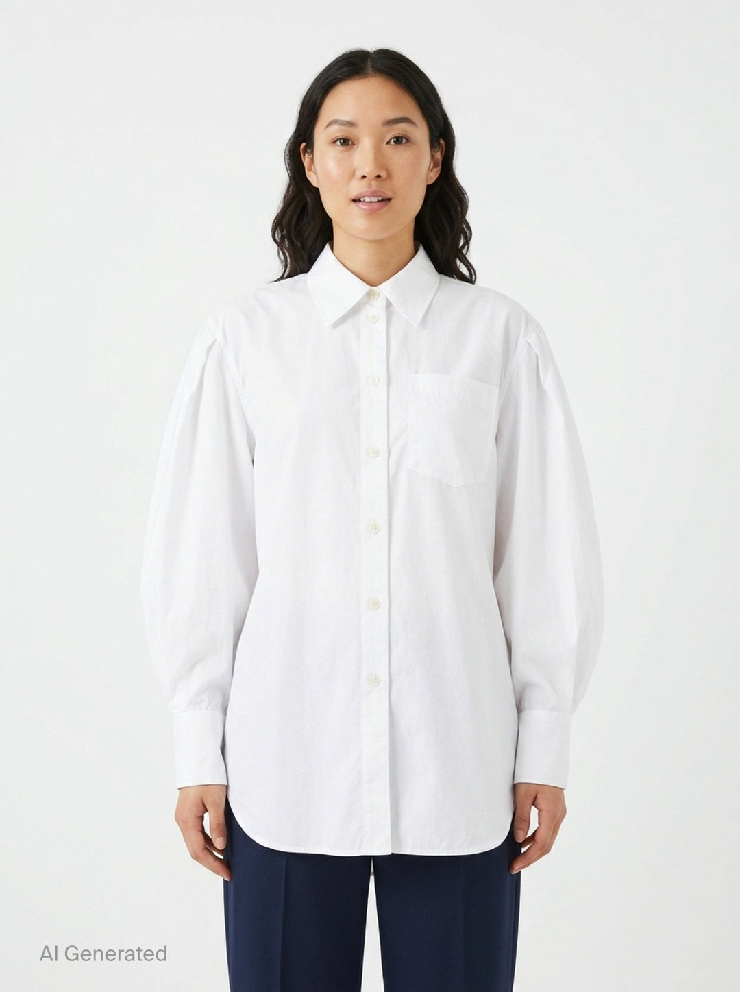 Ganni Compact Poplin Pleated Sleeve Shirt in white, featuring voluminous gathered sleeves, button-front placket with pearlescent buttons, and a patch chest pocket - front