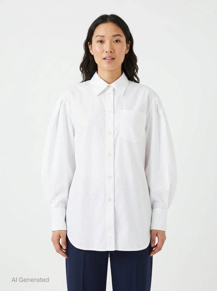 Ganni Compact Poplin Pleated Sleeve Shirt in white, featuring voluminous gathered sleeves, button-front placket with pearlescent buttons, and a patch chest pocket - front