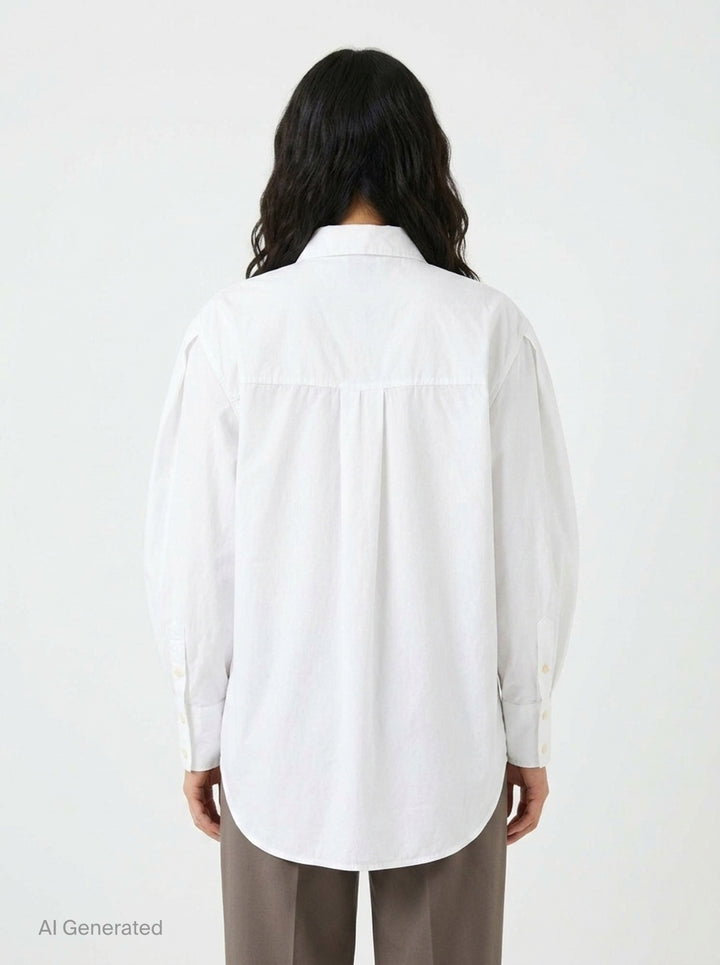 Ganni Compact Poplin Pleated Sleeve Shirt in white, featuring voluminous gathered sleeves, button-front placket with pearlescent buttons, and a patch chest pocket - back