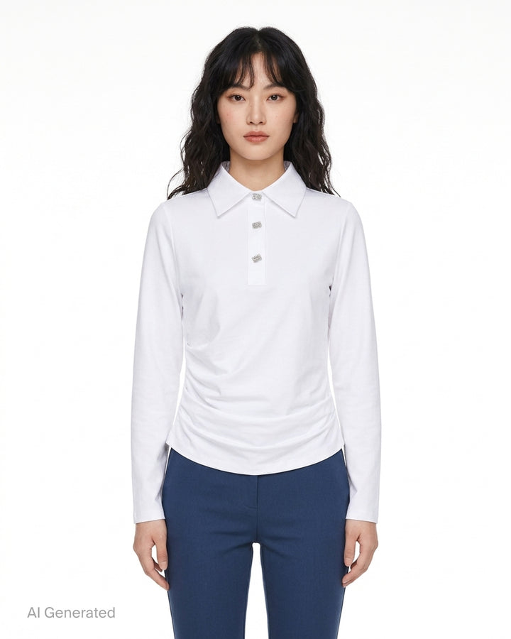 White long sleeve polo top with pointed collar, crystal buttons and ruched side draping - front