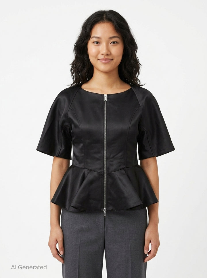 Ganni Duchesse Satin Peplum Zip Blouse in deep brown, displayed flat, featuring a full-length two-way zip, structured flared half-sleeves, and a dramatic fluted peplum hem - front