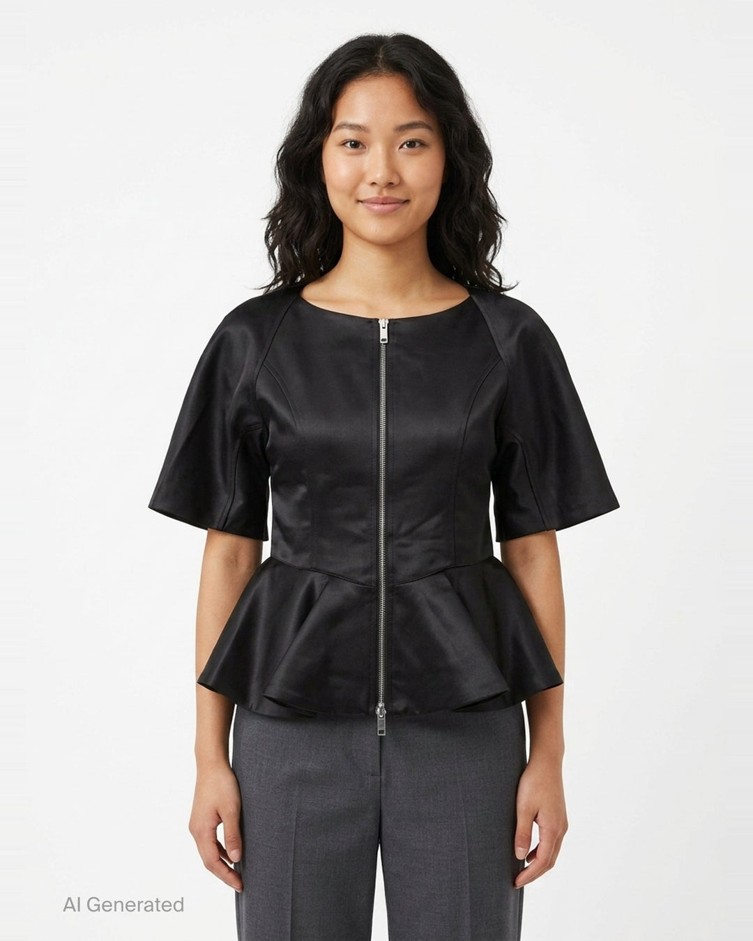 Ganni Duchesse Satin Peplum Zip Blouse in deep brown, displayed flat, featuring a full-length two-way zip, structured flared half-sleeves, and a dramatic fluted peplum hem - front