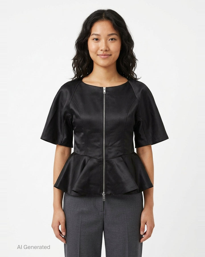 Ganni Duchesse Satin Peplum Zip Blouse in deep brown, displayed flat, featuring a full-length two-way zip, structured flared half-sleeves, and a dramatic fluted peplum hem - front