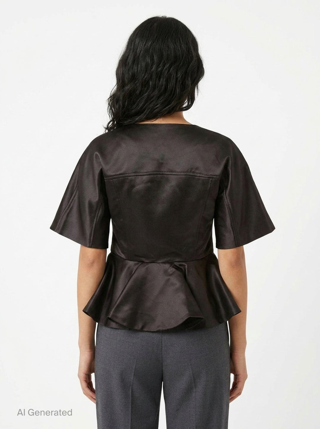 Ganni Duchesse Satin Peplum Zip Blouse in deep brown, displayed flat, featuring a full-length two-way zip, structured flared half-sleeves, and a dramatic fluted peplum hem - back