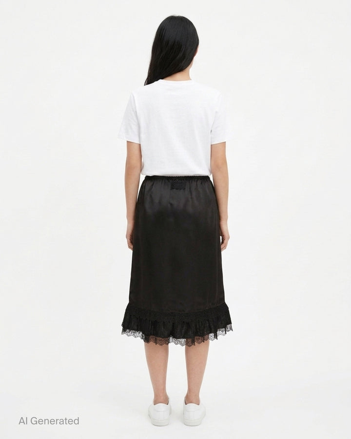 Ganni black fluid satin knee-length slip skirt with elasticated waist and tiered logo-embroidered lace frill hem - back