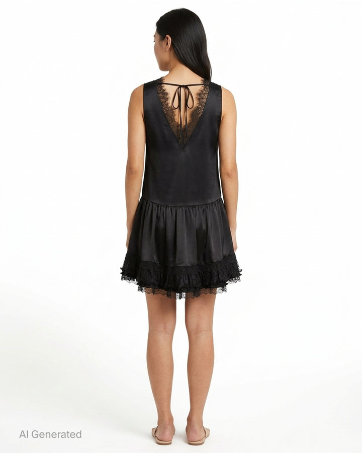 GANNI black fluid satin sleeveless mini dress with lace-trimmed V-neckline, tie back detail and tiered pleated lace ruffle hem - back