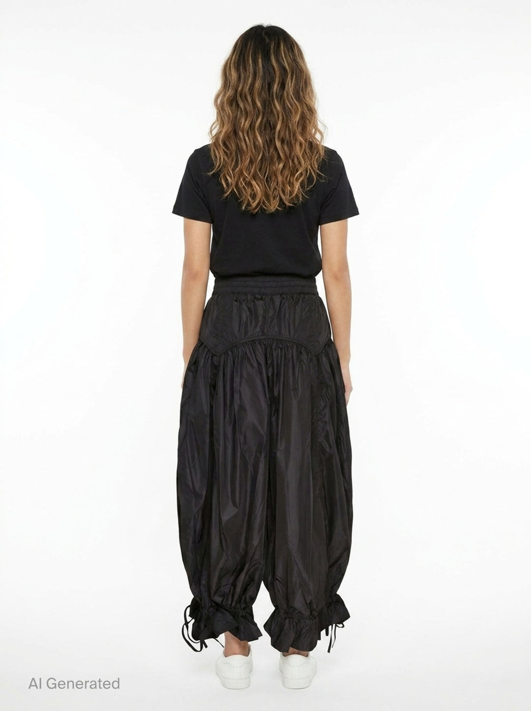 Ganni Flyweight Nylon Balloon Pants in black, featuring a smocked yoke, voluminous gathered body, and ruched tie ankles, displayed flat on a white background - back
