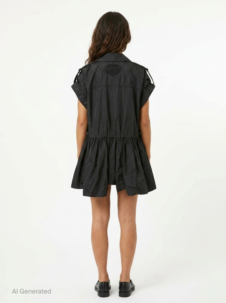 Ganni Flyweight Nylon Mini Utility Dress in black, featuring a camp collar, tonal snap button placket, oversized chest cargo pockets, and a gathered tiered flared skirt - back
