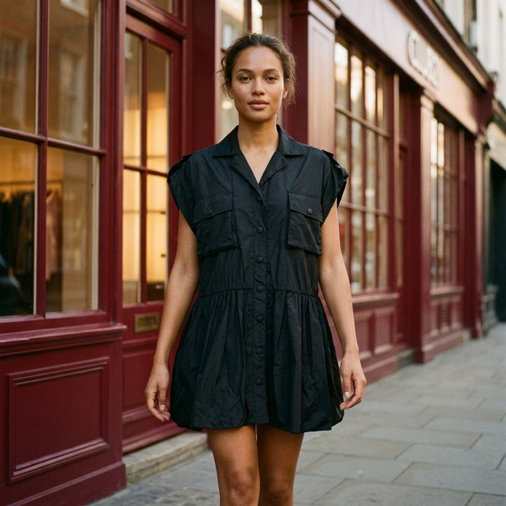 Ganni Flyweight Nylon Mini Utility Dress in black, featuring a camp collar, tonal snap button placket, oversized chest cargo pockets, and a gathered tiered flared skirt - lifestyle