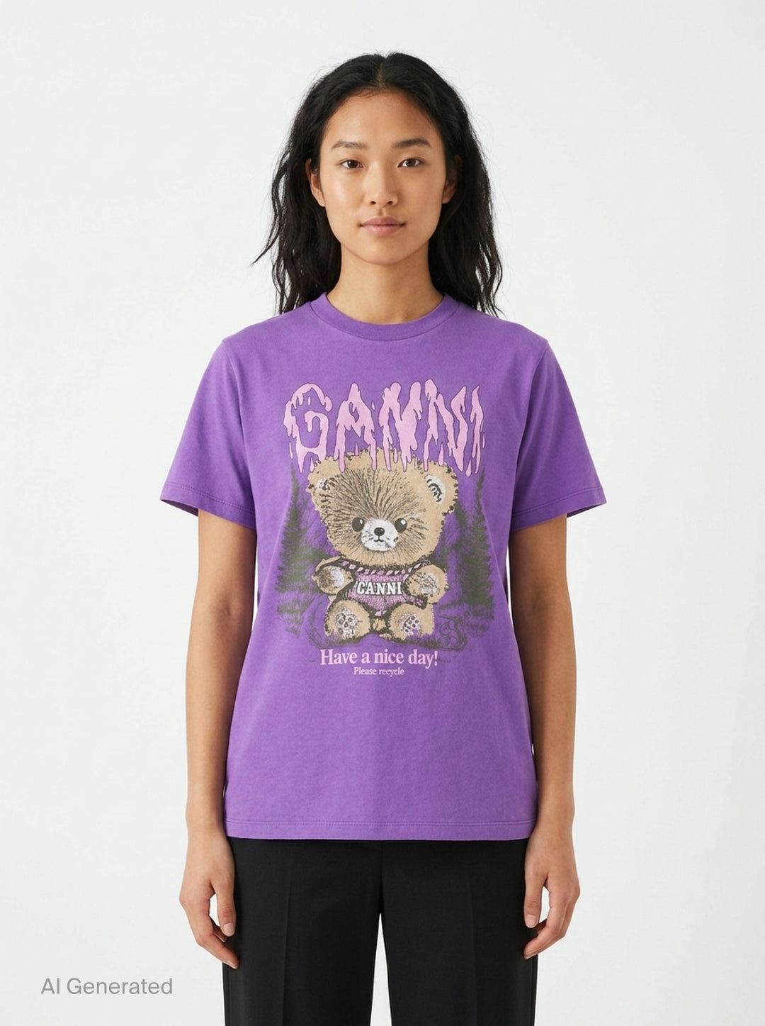 Ganni Future Heavy Relaxed Tee in purple with gothic pink dripping logo text and distressed teddy bear graphic holding a Ganni sign, set against a forest illustration, with 'Have a nice day! Please recycle' text below - front