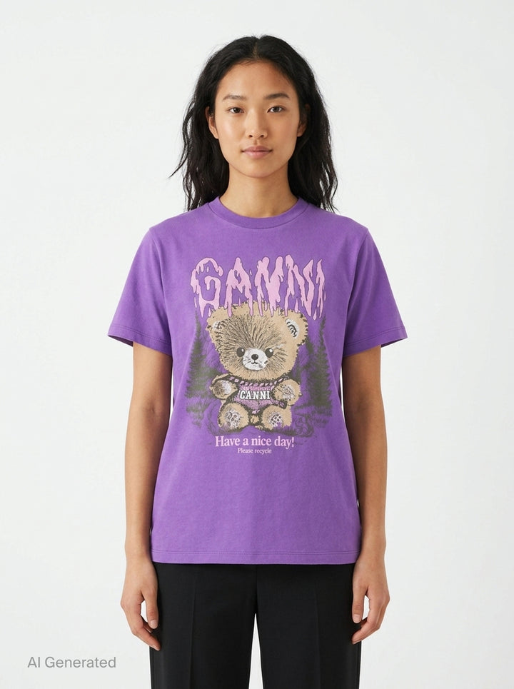 Ganni Future Heavy Relaxed Tee in purple with gothic pink dripping logo text and distressed teddy bear graphic holding a Ganni sign, set against a forest illustration, with 'Have a nice day! Please recycle' text below - front