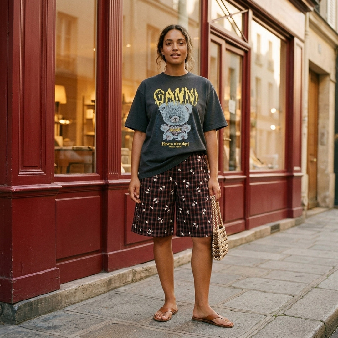 Ganni Heavy Cotton Forest Ted T-shirt in washed black, featuring a yellow drip-style Ganni logo above a teddy bear mascot graphic and 'Have a nice day! Please recycle' slogan print - lifestyle