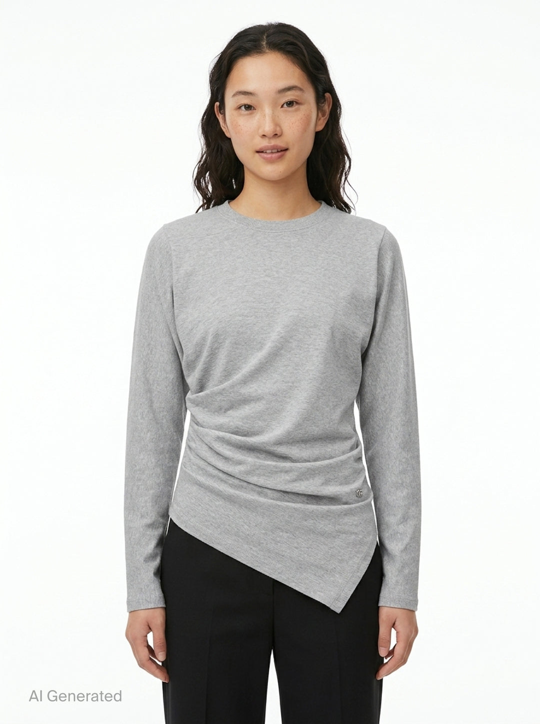 Ganni Heavy Stretch Cotton Draped Top in grey marl with long sleeves, crew neck, and asymmetric ruched waist detail - front