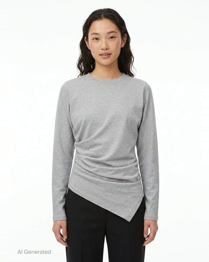 Ganni Heavy Stretch Cotton Draped Top in grey marl with long sleeves, crew neck, and asymmetric ruched waist detail - front