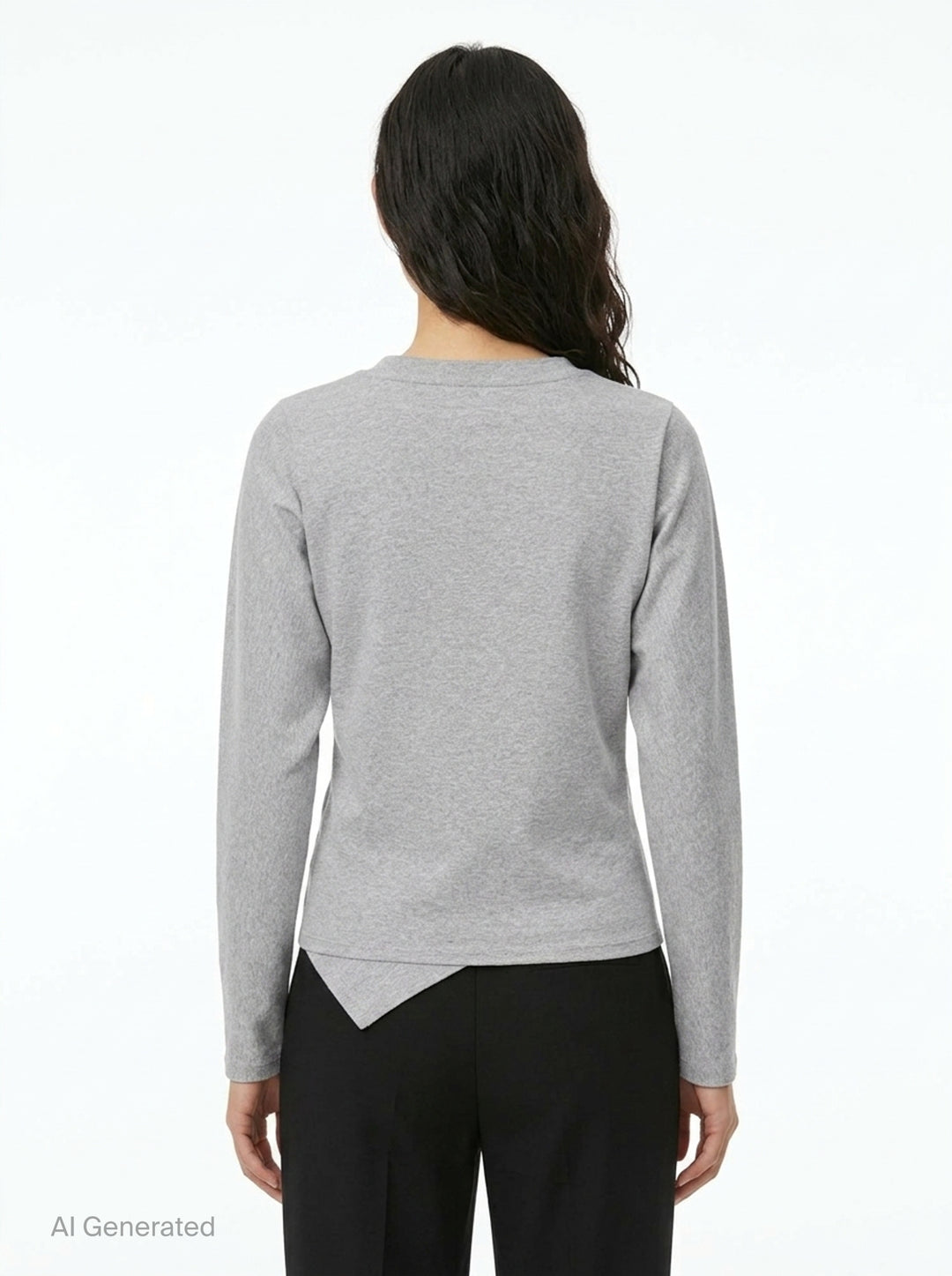 Ganni Heavy Stretch Cotton Draped Top in grey marl with long sleeves, crew neck, and asymmetric ruched waist detail - back