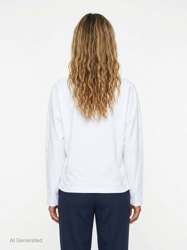 Ganni Heavy Stretch Cotton Draped Top in grey marl with long sleeves, crew neck, and asymmetric ruched waist detail - back