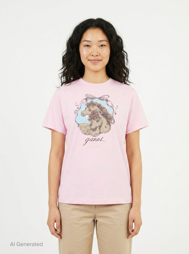 Horse Graphic Cotton Jersey Tee | Ganni | Club21 - front