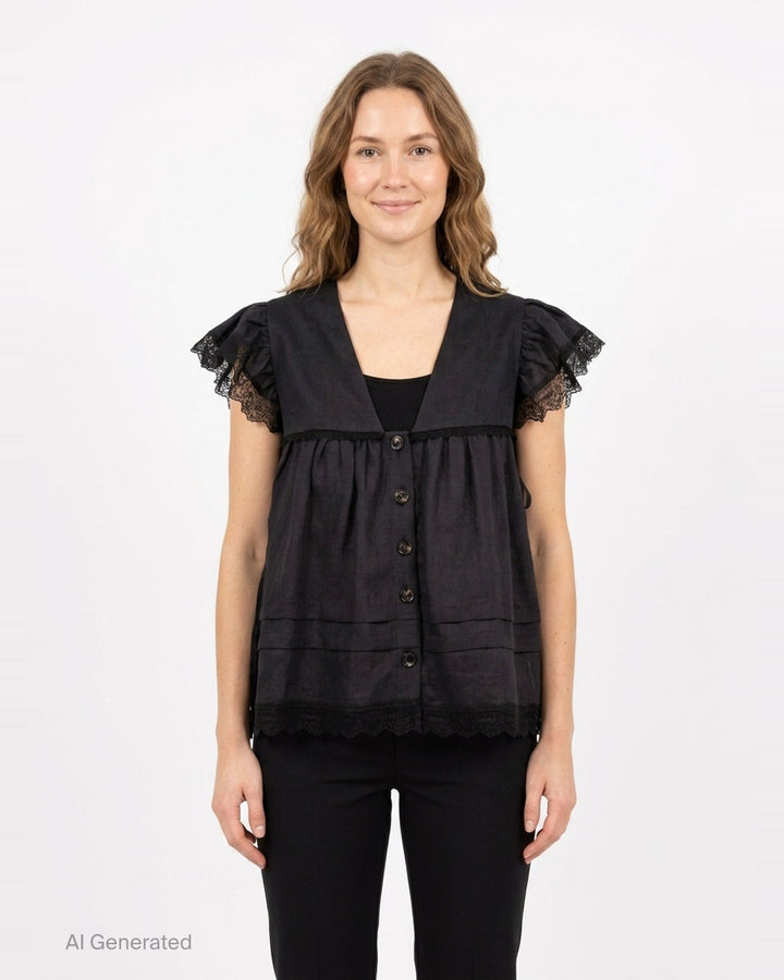 Light Linen Angel Sleeve Blouse | Ganni | Club21 - front