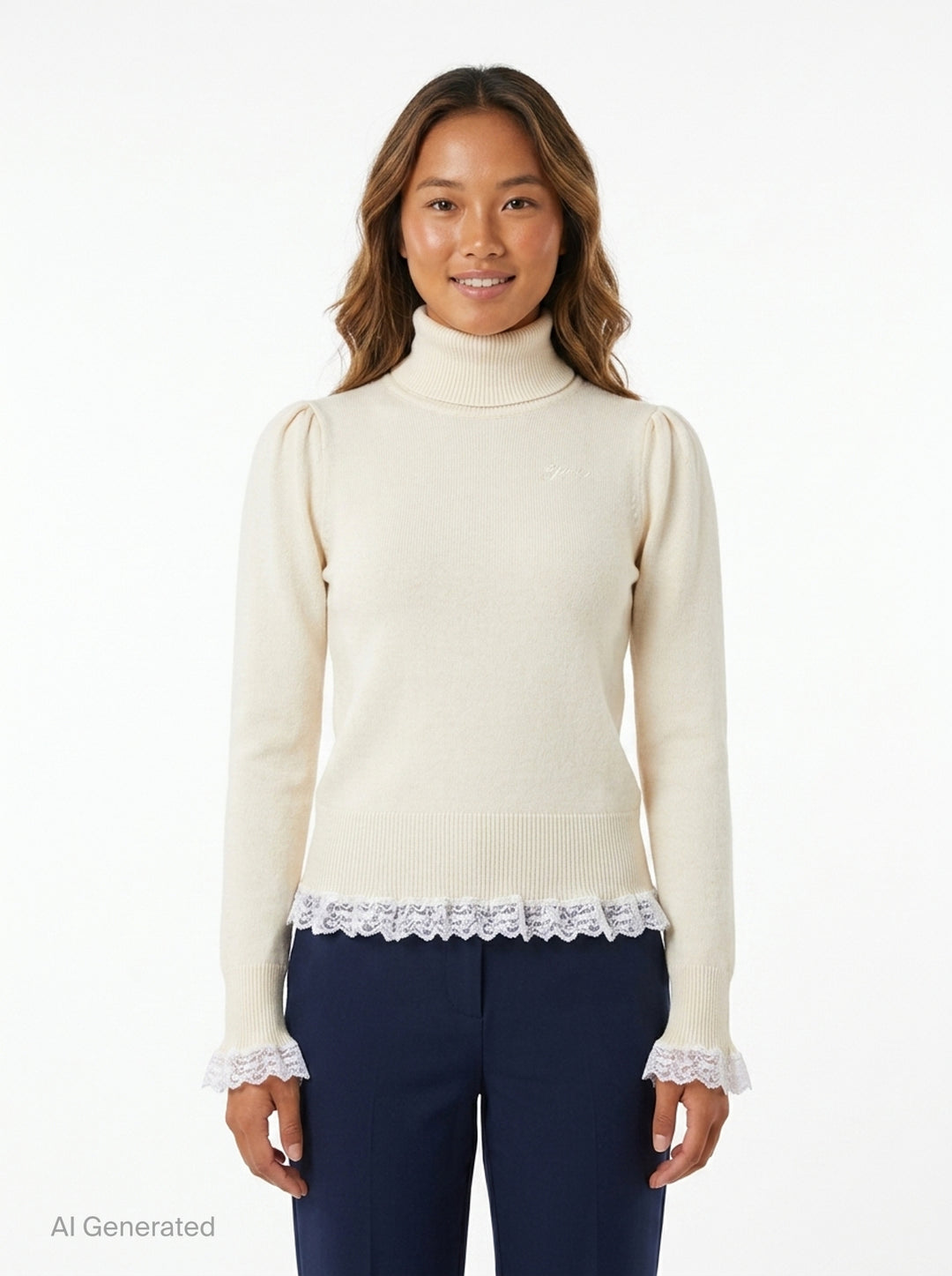 Ganni ivory merino wool turtleneck with puff sleeves, fluted lace-trimmed cuffs, and white lace frill hem detail, product flat lay on white background - front