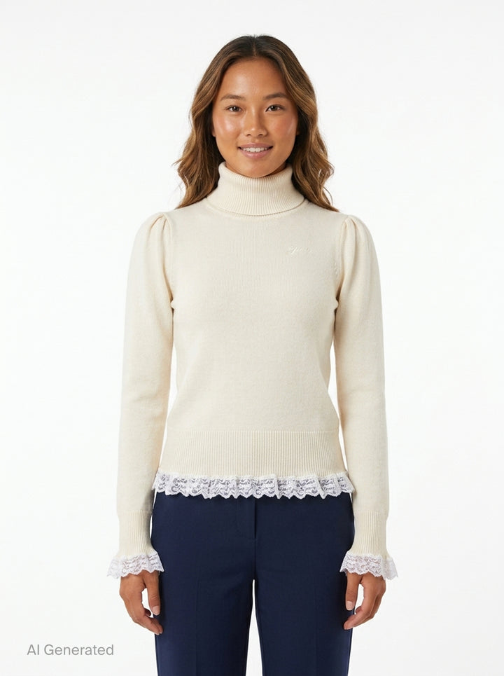 Ganni ivory merino wool turtleneck with puff sleeves, fluted lace-trimmed cuffs, and white lace frill hem detail, product flat lay on white background - front
